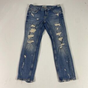 Zara Woman Jeans Womens 4 Blue Distressed Slim Tapered Crop Denim Medium‎ Wash